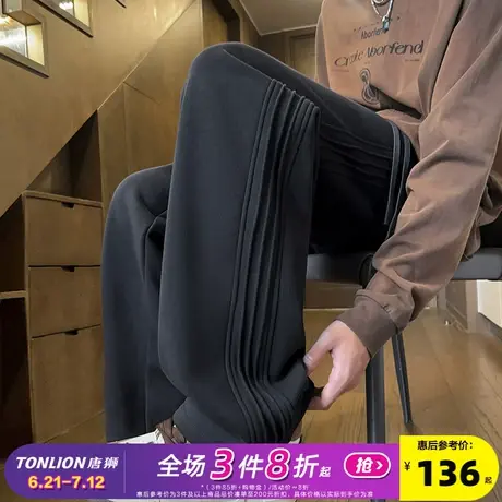 唐狮24年秋冬季新款休闲裤男加绒加厚侧边条纹阔腿宽松直筒长裤GT商品大图