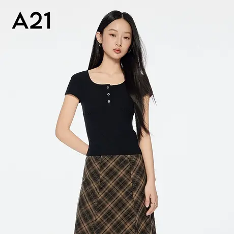 A21女装黑色半开领针织T恤2025夏季新款简约直筒短袖设计感上衣商品大图