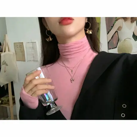 秋冬季内搭堆堆领修身紧身弹力甜美蜜桃粉色长袖T恤衫打底上衣女商品大图