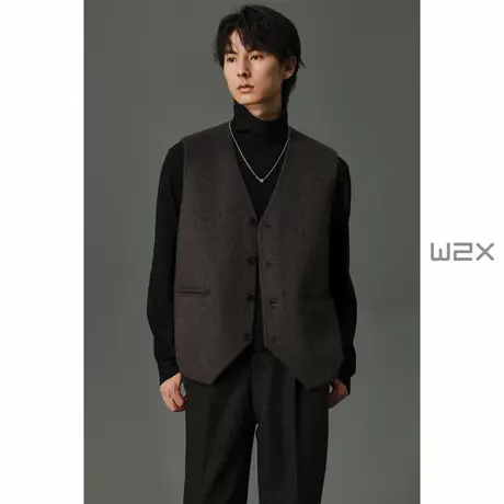 w2x2024冬季新款950g双面绵羊毛加厚无袖马甲外套设计感痞帅背心商品大图