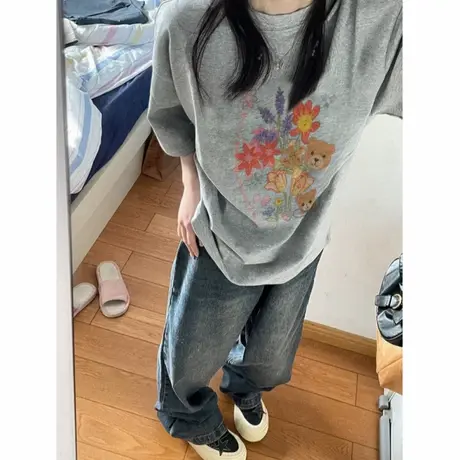 纯棉夏季灰色潮牌落肩短袖t恤女2025新款设计感小众美式半袖上衣图片