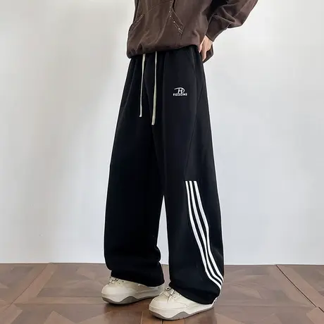 美式休闲裤子男春秋季新款青少年运动条纹卫裤潮牌直筒宽松阔腿裤商品大图