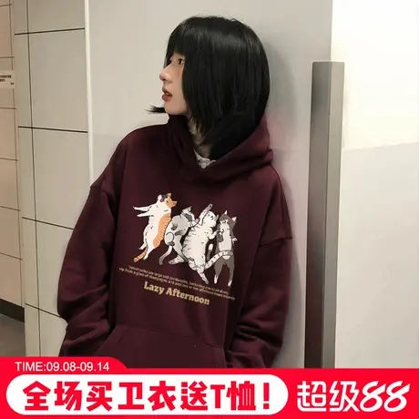 美式复古风卡通印花酒红色连帽卫衣女oversize宽松重磅帽衫外套潮商品大图
