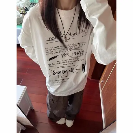大码涂鸦潮流纯棉长袖t恤ins潮牌情侣美式打底chic上衣服男女情侣商品大图