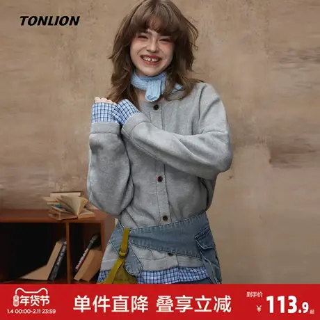 唐狮2026秋冬新款外套女简约格纹拼接假两件圆领开衫短款显瘦商品大图