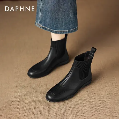 达芙妮靴子短靴女2026冬季新款加绒针织拼接弹力靴瘦瘦靴黑色袜靴图片