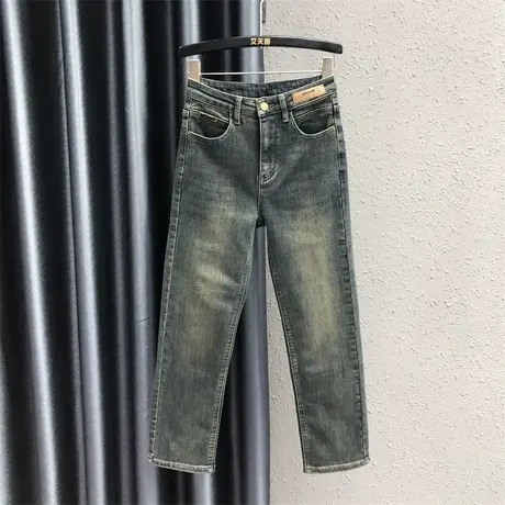港风复古时尚贴布牛仔九分裤女2023秋冬新款加绒高腰弹力直筒裤潮图片