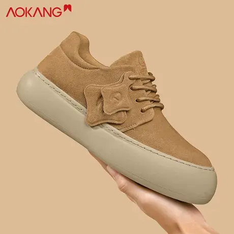 奥康勃肯鞋男卡其色反绒皮休闲板鞋厚底增高时尚百搭2025新款潮流图片