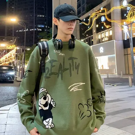 唐狮秋冬新款毛衣男生日系休闲韩版宽松圆领针织上衣趣味图案TD商品大图