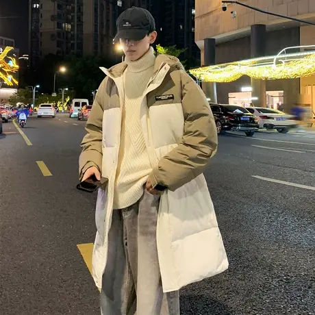 唐狮冬季新款男羽绒服中长款面包服韩版百搭撞色拼接潮流男装TD商品大图