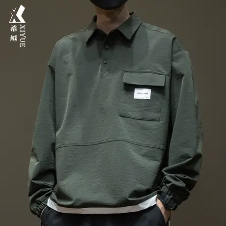 军绿色速干POLO衫男上衣宽松大码假两件撞色翻领长袖T恤2023秋季商品大图