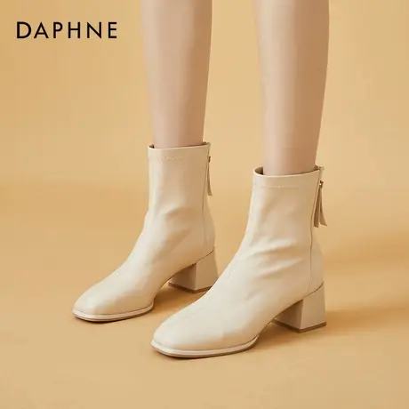 达芙妮白色马丁靴女款高跟法式百搭短靴春秋靴子粗跟方头瘦瘦靴商品大图