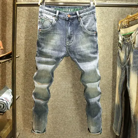 男士中腰弹力牛仔裤复古修身小直筒百搭长裤美式青年潮流做旧裤子图片