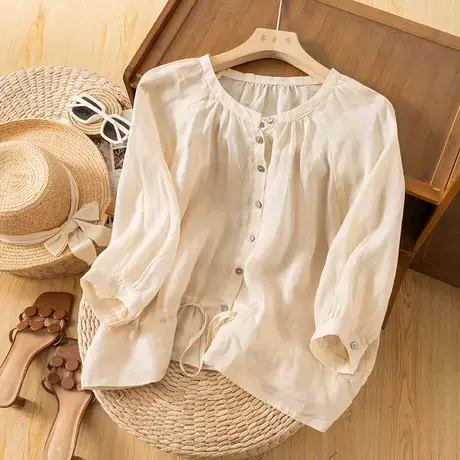 享永子七分袖苎麻衬衫女文艺复古宽松圆领棉麻上衣薄2023夏季新款商品大图