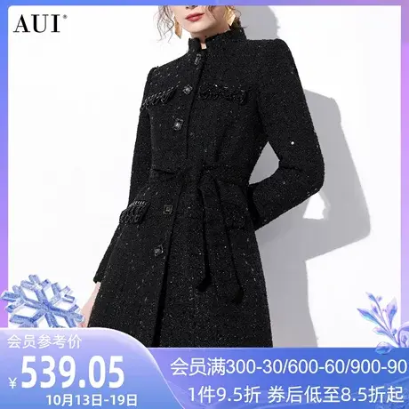 AUI黑色气质干练小香风毛呢外套女2023冬季新款修身立领呢子大衣商品大图