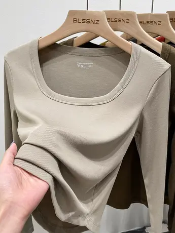 长袖t恤女短款秋冬2023新款锁骨方领上衣女修身螺纹打底衫女内搭图片