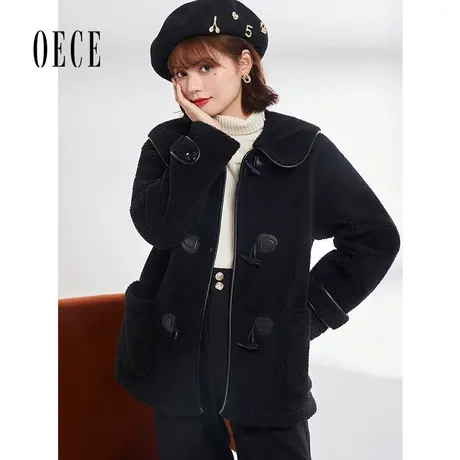 oece冬装新款女装复古减龄呢大衣修身娃娃领牛角扣外套小个子图片