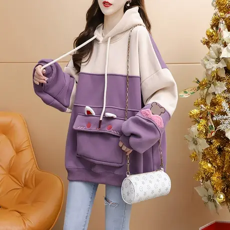 加绒加厚连帽卫衣外套女2023新款秋冬季洋气减龄宽松设计感 上衣图片