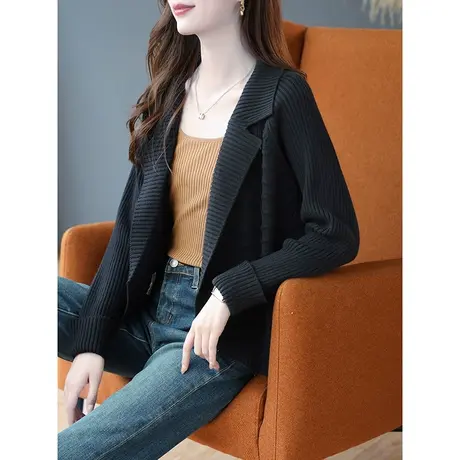 宝诗黎翻领镂空坑条针织开衫春秋季长袖宽松外套纯色女装2023新款商品大图