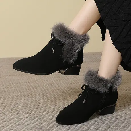 磨砂真皮小皮鞋女2023大码女靴41一43秋季新款秋天水貂毛中跟短靴商品大图