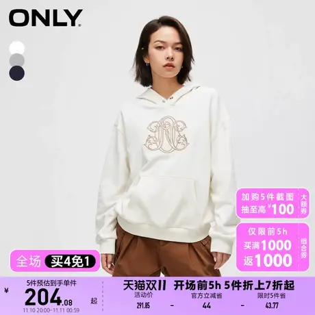 【买4免1】ONLY奥莱秋季新款时尚休闲宽松刺绣拼接连帽长袖卫衣女商品大图