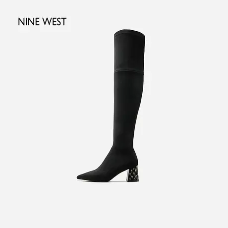 Nine West/玖熙气质绒面过膝靴女2023冬新款设计感镶钻粗跟时装靴图片
