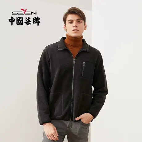 【羊羔绒开衫卫衣】柒牌男士长袖拼接休闲百搭立领厚款拉链外套商品大图