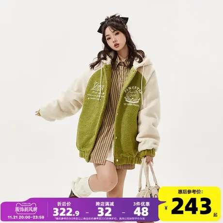 唐狮2024新款女棉衣YEP联名连帽拼接插肩袖仿羊羔毛上衣外套G图片