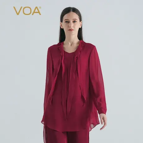 VOA桑蚕丝乔其纱酒红色波浪圆领衬衫长袖飘带弧形下摆宽松真丝T恤图片