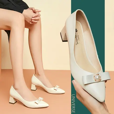 清仓春季温柔女鞋丝带黑色粗跟皮鞋手工软底舒适浅口中跟真皮图片