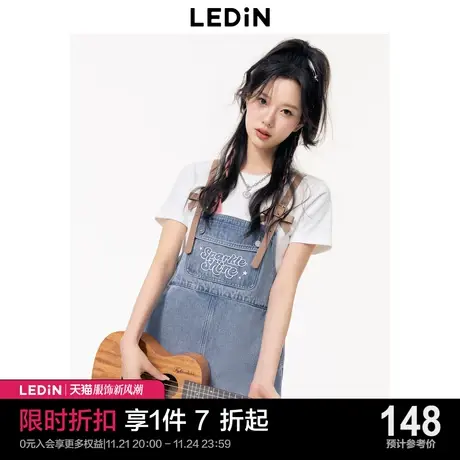 乐町甜美工装风牛仔中短裤女2023年夏季新款牛仔蓝蝴蝶结背带短裤图片