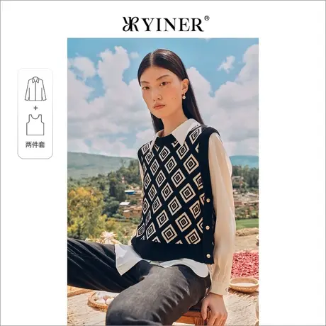 [无搭配库存下架]YINER音儿女装秋季假两件衬衫拼接polo针织衫商品大图