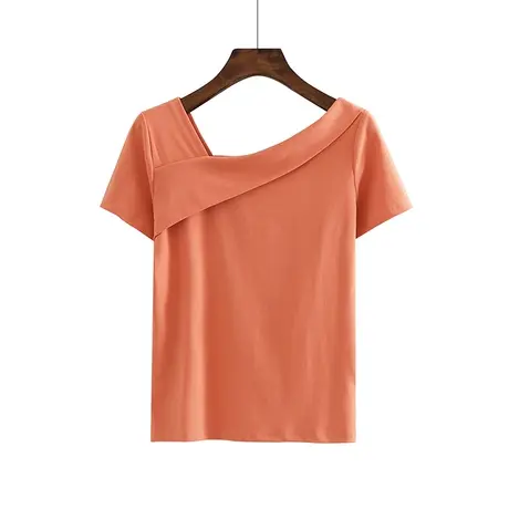 夏季新款韩版纯白修身显瘦绿色斜领短袖体恤上衣内搭打底衫女装商品大图