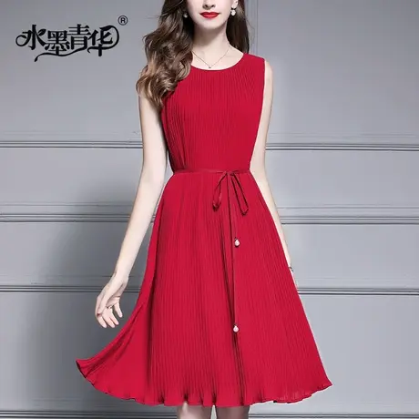 【1件7.9折】夏季新品简约时尚百搭无袖裙优雅修身雪纺系带连衣裙图片