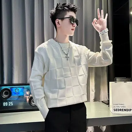 秋冬款毛衣男ins纯色格子提花小众高级感青年套头针织衫打底线衣商品大图