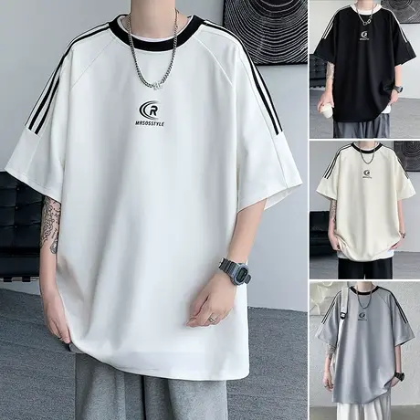 短袖T恤男夏季透气美式高街2024新款条纹运动半袖体恤宽松上衣服商品大图