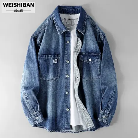 日系复古水洗工装男士长袖衬衣潮流外套春秋款宽松猎装牛仔衬衫男图片
