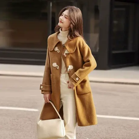 时尚毛呢外套2023年冬季新款娃娃领减龄温柔牛角扣中长款呢子上衣商品大图