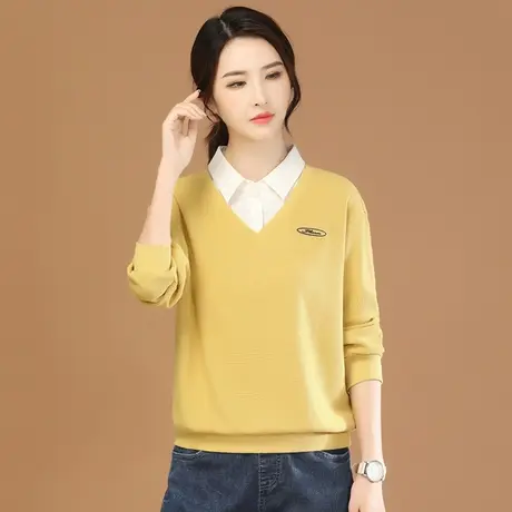 韩潮袭人POLO领假两件宽松套头卫衣女2024春新款黄色长袖T恤上衣图片