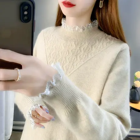 软糯毛衣秋装女2023年新款蕾丝半高领套头针织打底衫女宽松加厚商品大图