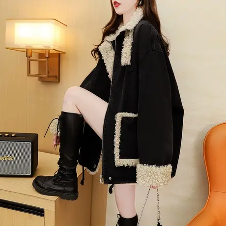 加绒加厚牛仔外套女2024新款春季爆款时尚洋气宽松韩系慵懒风上衣商品大图