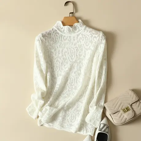 半高领毛衣镂空蕾丝针织打底衫春装女2024年新款韩版修身内搭上衣商品大图