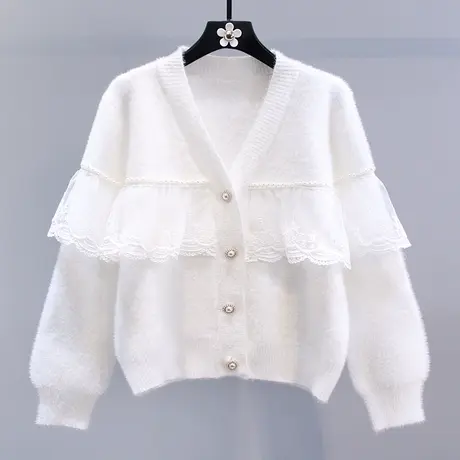 小香风蕾丝拼接水貂绒毛衣外套女秋冬2023新款宽松洋气针织开衫商品大图