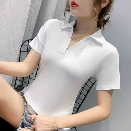 2023新款气质女装时尚V领白色T恤女短袖夏修身洋气上衣翻领polo衫商品大图