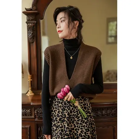 弥古V领棕色马甲女秋冬针织毛衣背心叠穿春秋无袖坎肩美拉德上衣商品大图