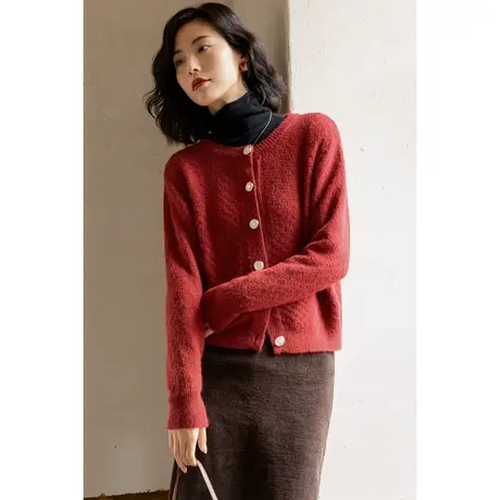 弥古复古红色正肩毛衣女士外套高级感开衫秋冬绿色圆领针织衫上衣商品大图