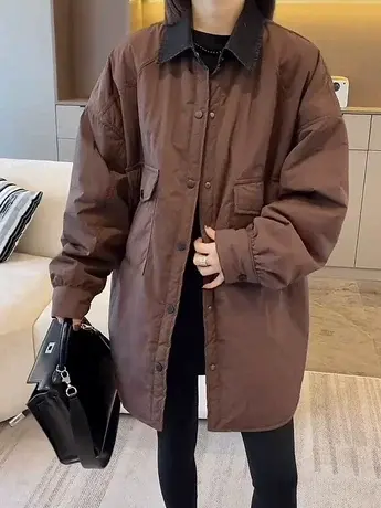 撞色翻领棉衣外套女秋冬款大口袋轻薄洋气宽松休闲小个子棉服棉袄商品大图