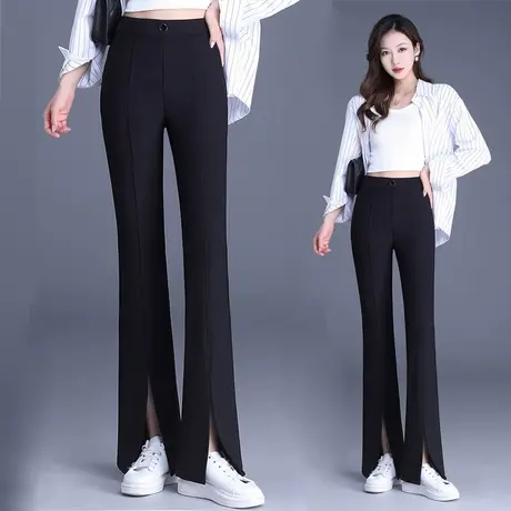 喇叭裤女2023年新款秋冬加绒高腰黑色西裤松紧腰垂感开叉微喇裤子图片