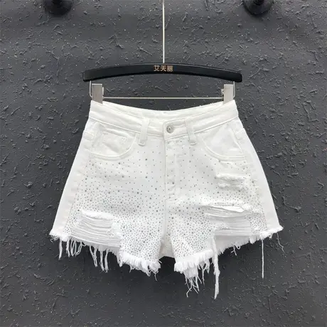 欧货重工烫钻破洞高腰a字阔腿裤热裤潮2025女夏新款显瘦牛仔短裤商品大图