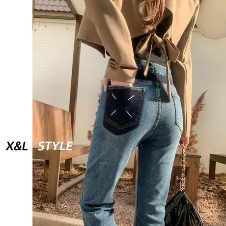 设计感直筒牛仔裤女春秋2023年新款小个子高腰显瘦窄版百搭烟管裤商品大图